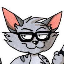 Traditional media portrait of an anthropomorphic cat character with pointy ears, glasses and a knowing smile.