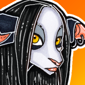 Traditional media portrait of an anthropomorphic feline character with floppy ears, long black hair and yellow eyes.